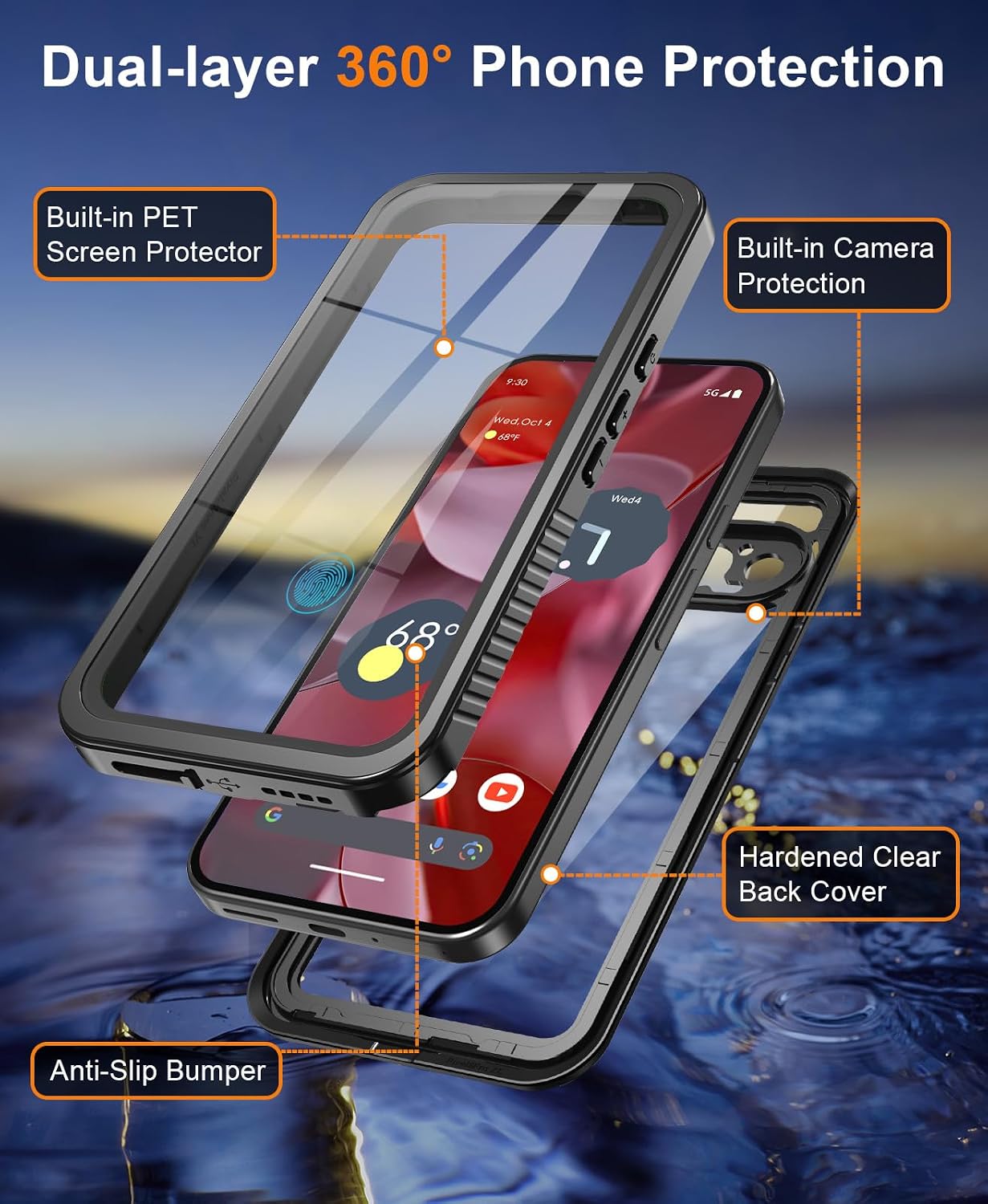 Beeasy Чехол для Google Pixel 9 Pro, водонепроницаемый [IP68] [Защита камеры / экрана] 360°, военный стандарт, ударопрочный, полностью прочный задний корпус и лицевая часть