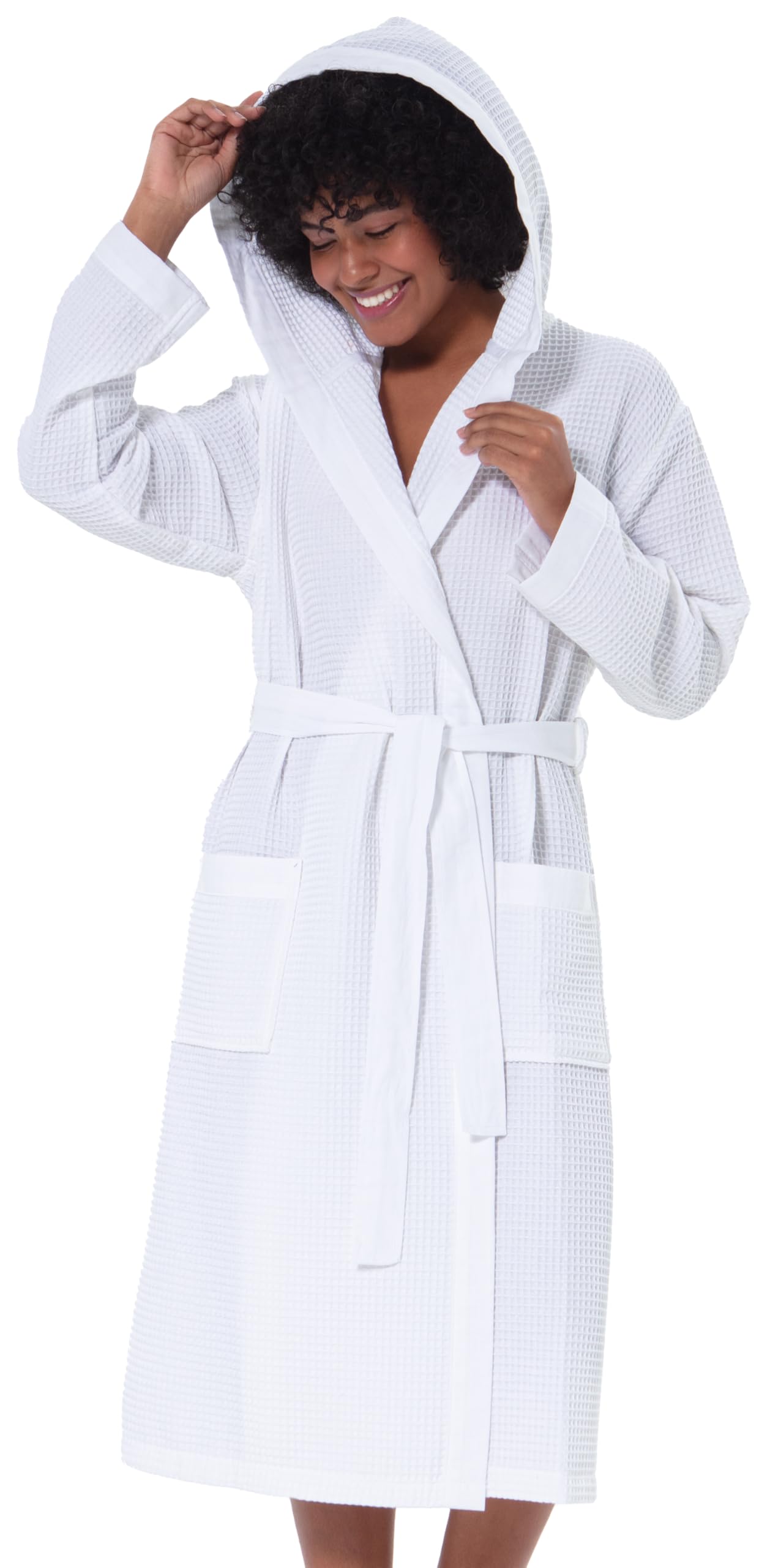 SEYANTE Women's Organic Cotton Waffle Kimono, Hooded Robe – GOTS Certified Lightweight Full-Length Spa Bathrobe with Piping