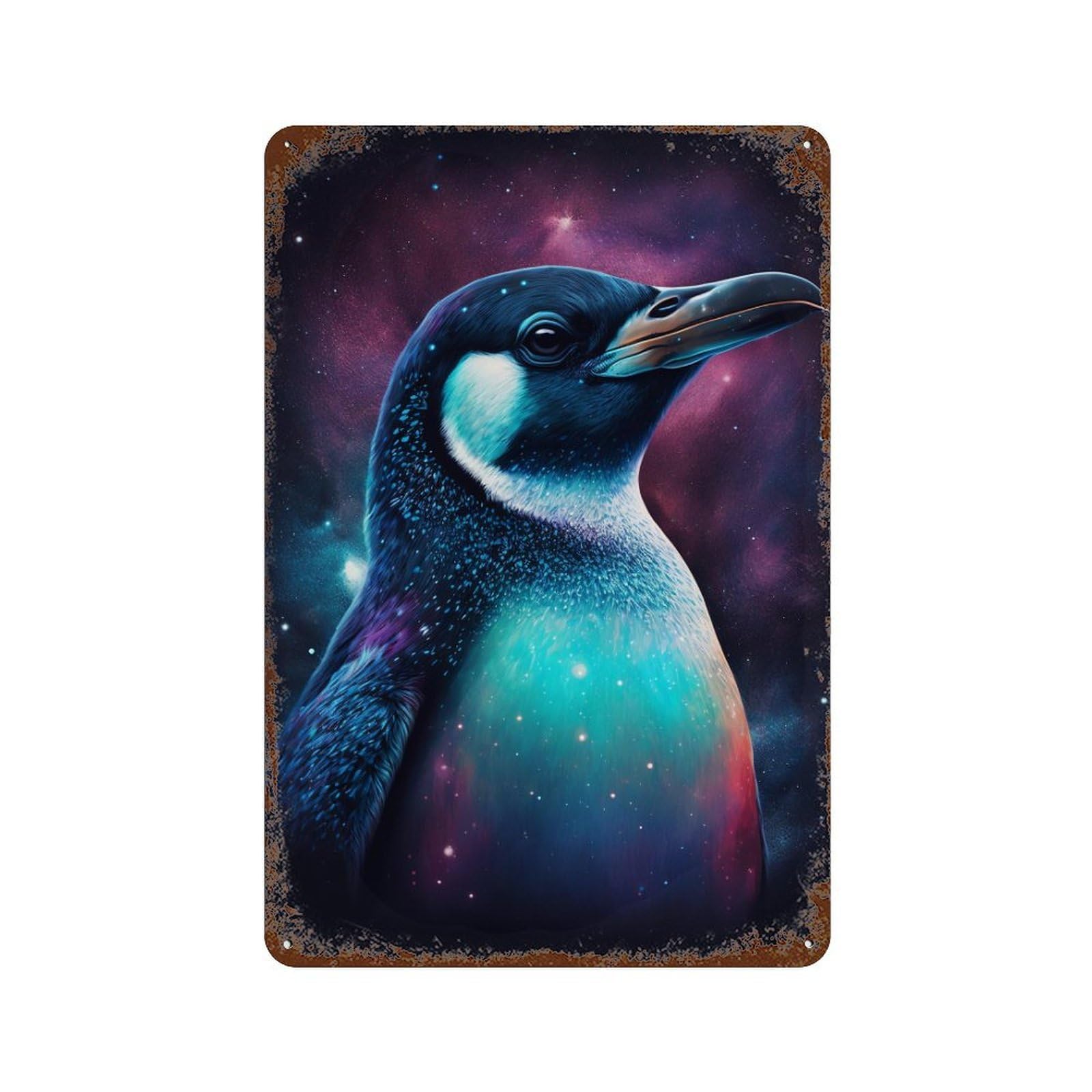 Cosmic Penguin Art Print-4 Rust Effect Tin Sign 11.8"x7.9", Industrial Home Decor for Basement, Hobby Room And Garage Decor
