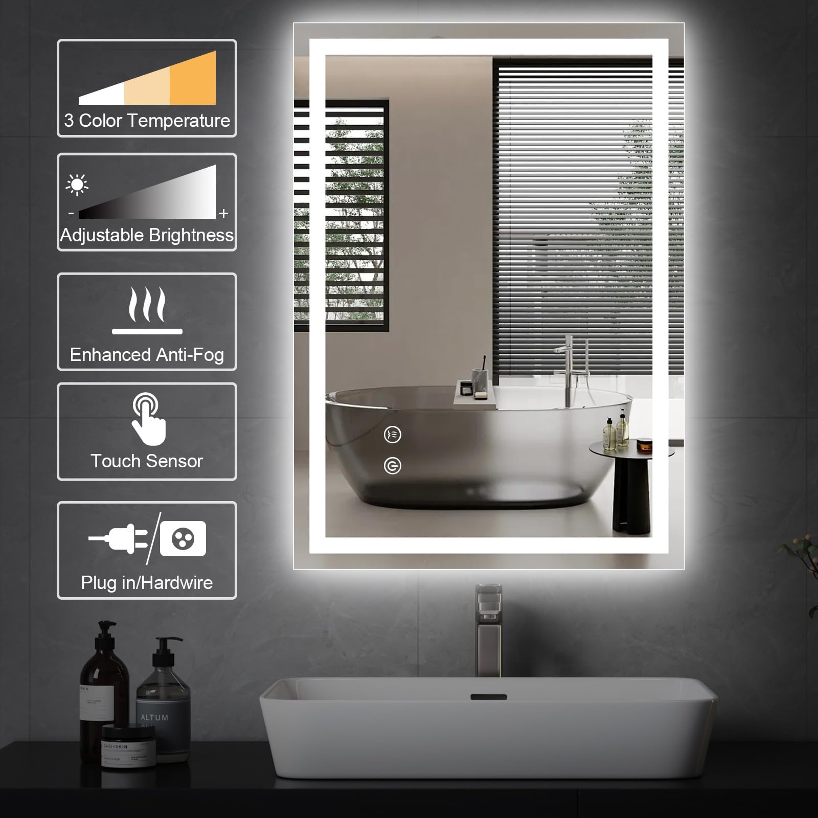 Youyijia Spiegel Mit Beleuchtung, 80x60 cm Badspiegel Mit Beleuchtung Mit Touch-Schalter Beschlagfrei, 3 Lichtfarben Dimmbar,3500K-6500K Badezimmerspiegel (Beschlagfrei+Dimmbar)