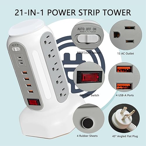 Miniatura 9 de Protección contra sobretensiones de torre eléctrica con 15 tomas de corriente de CA, excelente torre de carga, 4 puertos USB-A y 2 puertos USB-C,