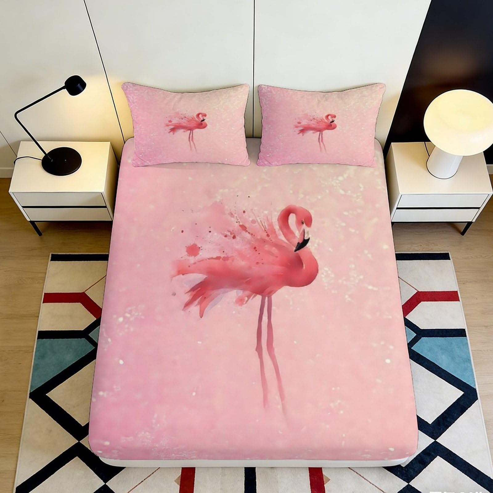 3D Printed Pink Flamingo Fitted Sheet Microfiber Soft Bedroom Decor Watercolor Mattress Cover for Home Dorm Guest Room 90x200x25cm
