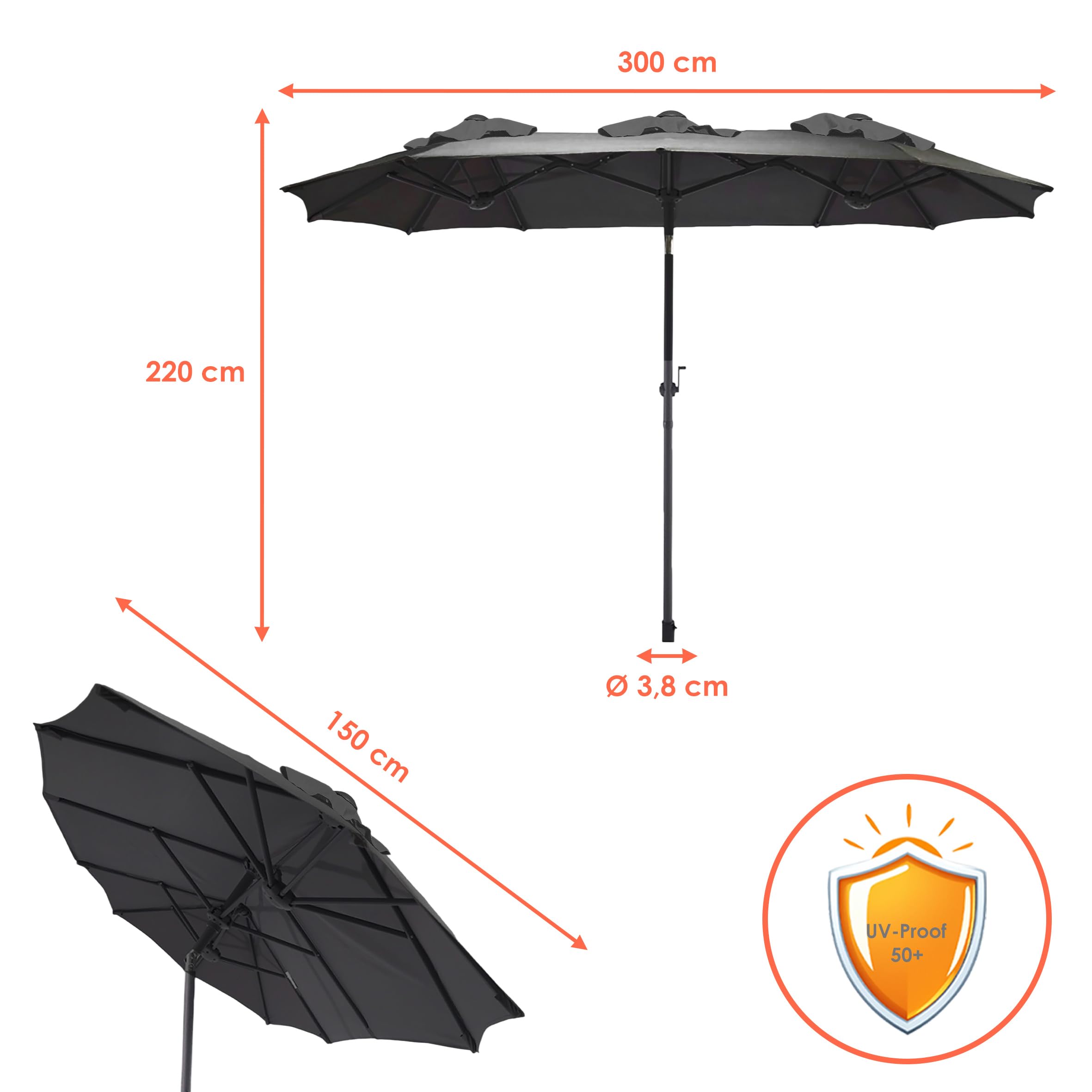 Spetebo Doppel Sonnenschirm mit Kurbel 300 x 150 cm - anthrazit - XL Gartenschirm mit Knickgelenk - Martschirm Sonnen Schutz UV 50+ für Balkon Terrasse Garten groß verstellbarer Neigungswinkel