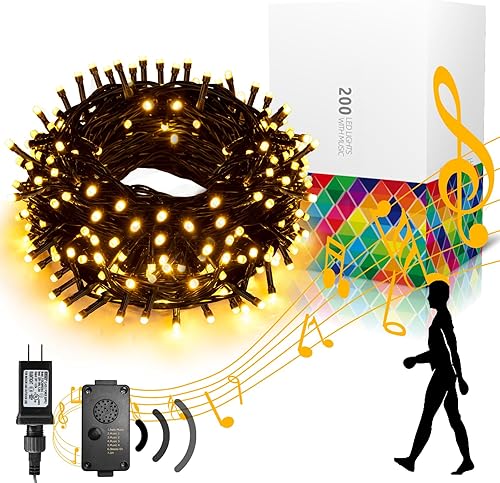 PEIDUO Christmas Lights with Music, Infrared Motion Sensor Controller with 6 Modes, Waterproof for Xmas Outdoor Garden Party Decor, Plug in, Warm
