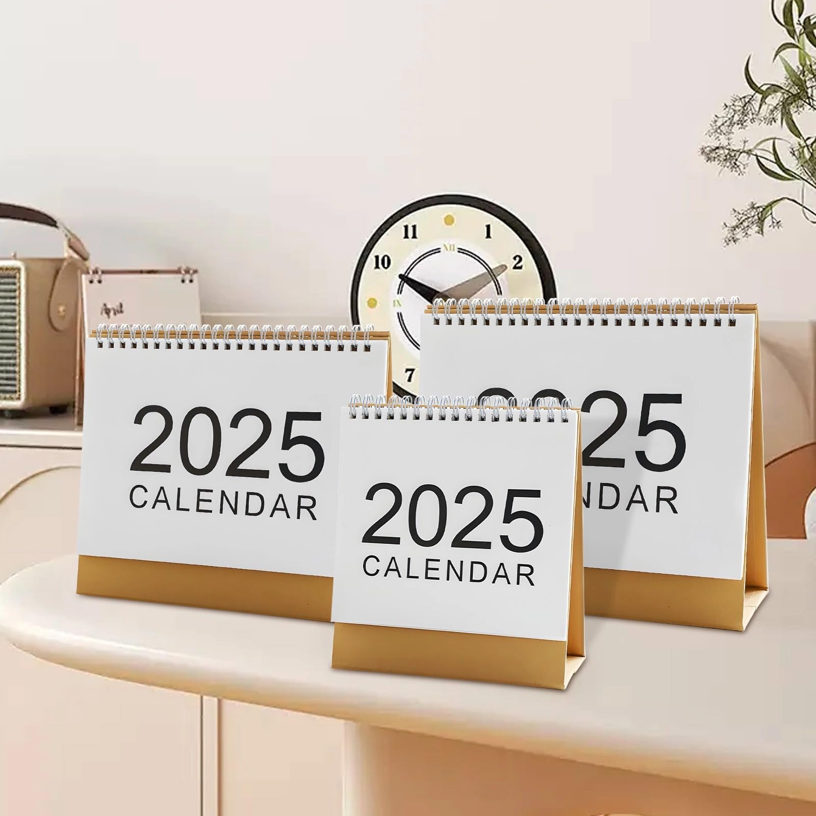 Mini calendario da scrivania 2025 con rilegatura, planner mensile con base marrone, confezione da 2, design minimalista bianco