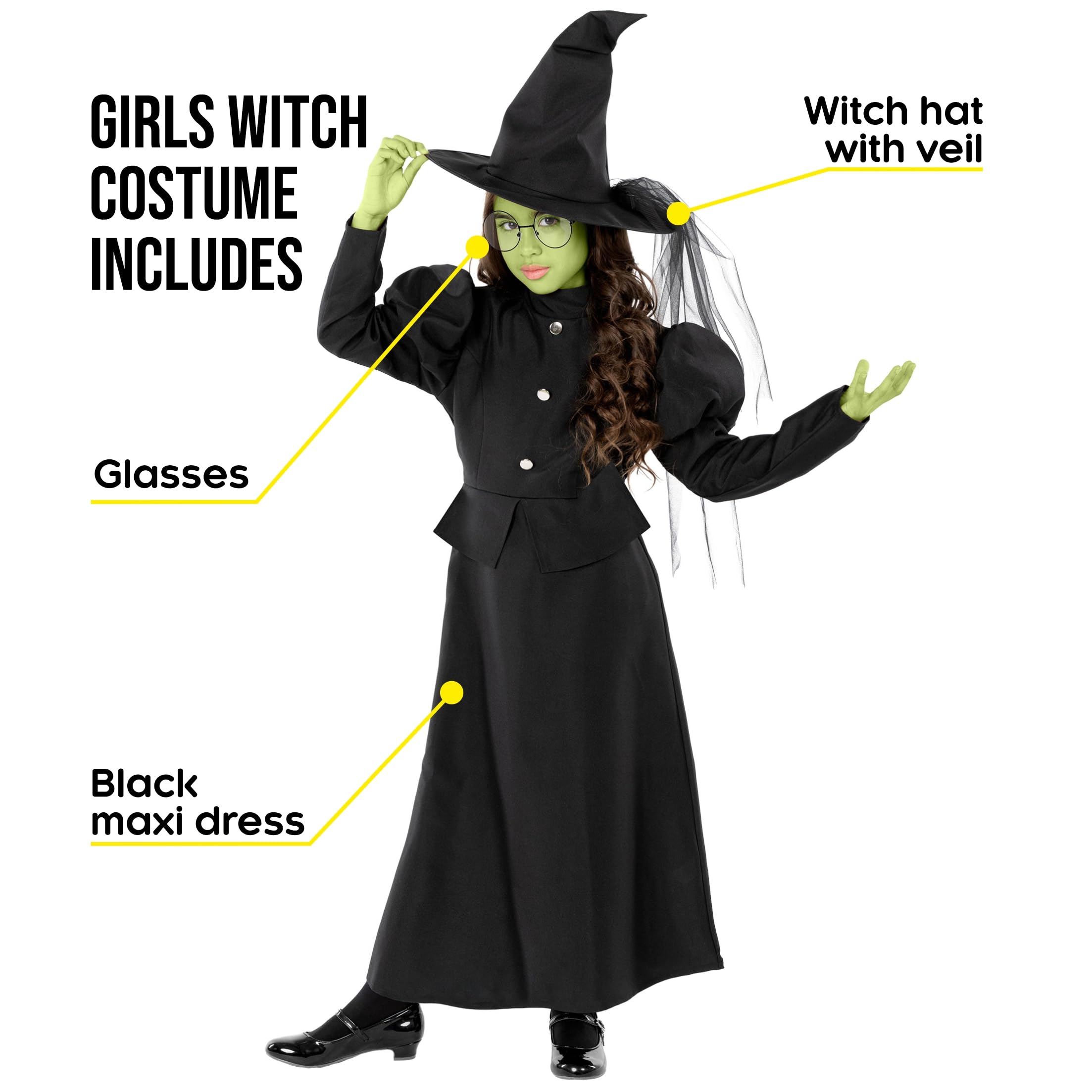 Morph Wicked Witch Costume for Girls Kids Witch Dress, Wicked Halloween Costumes For Kids 3-4 Years, Black - Image 2