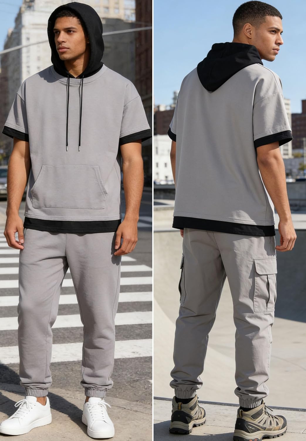 Mens Short Sleeve Hoodie Soft Cotton Lightweight Moisture Wicking Big Pocket Streetwear Short Sleeve Sweatshirt
