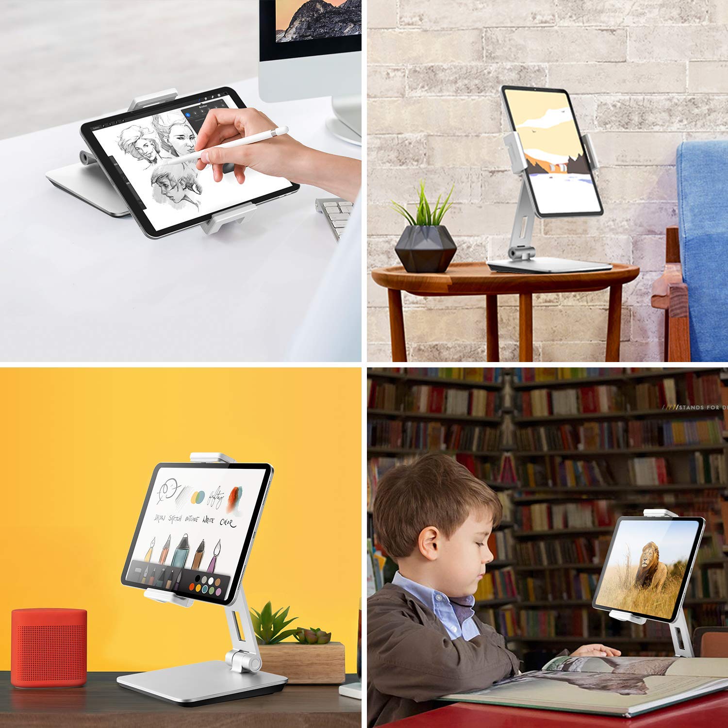 Soporte para tablet ajustable de aluminio resistente, giratorio 360°, plegable, de metal, para iPad, Samsung Tab, Kindle (4,7-13 pulgadas), color plateado
