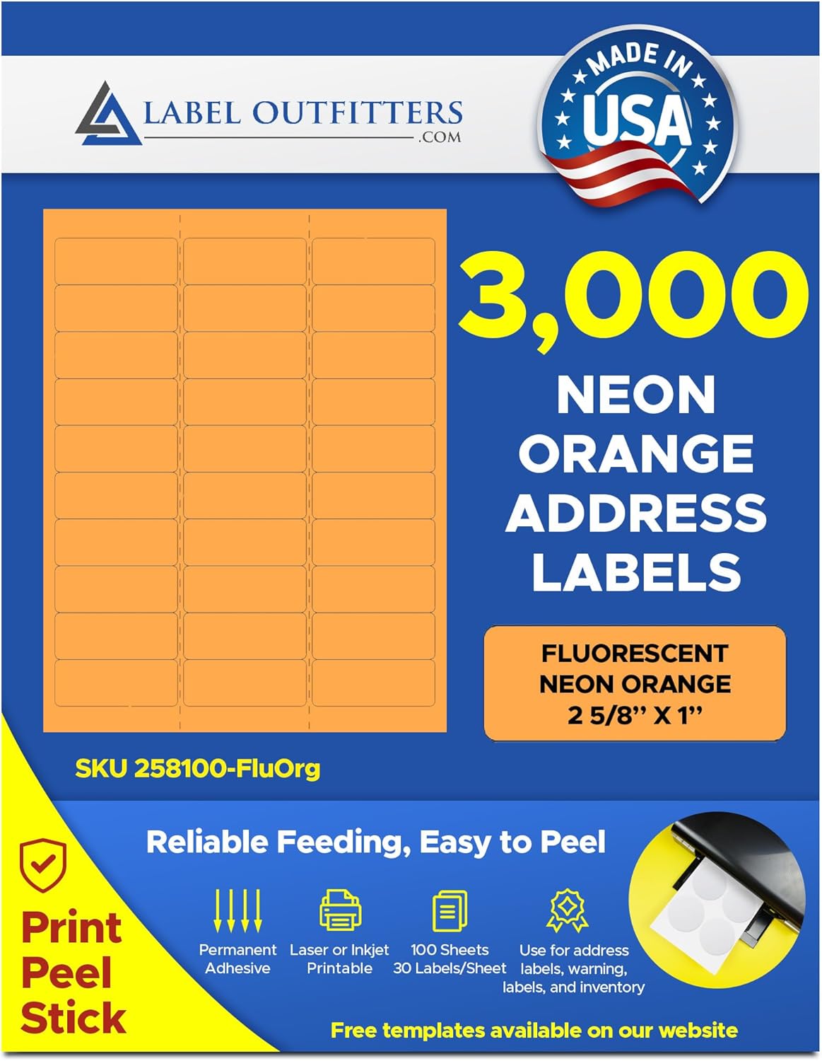 3,000 Label Outfitters 1” x 2 5/8” Fluorescent Neon Orange Address Labels Printer Labels – 100 Sheets