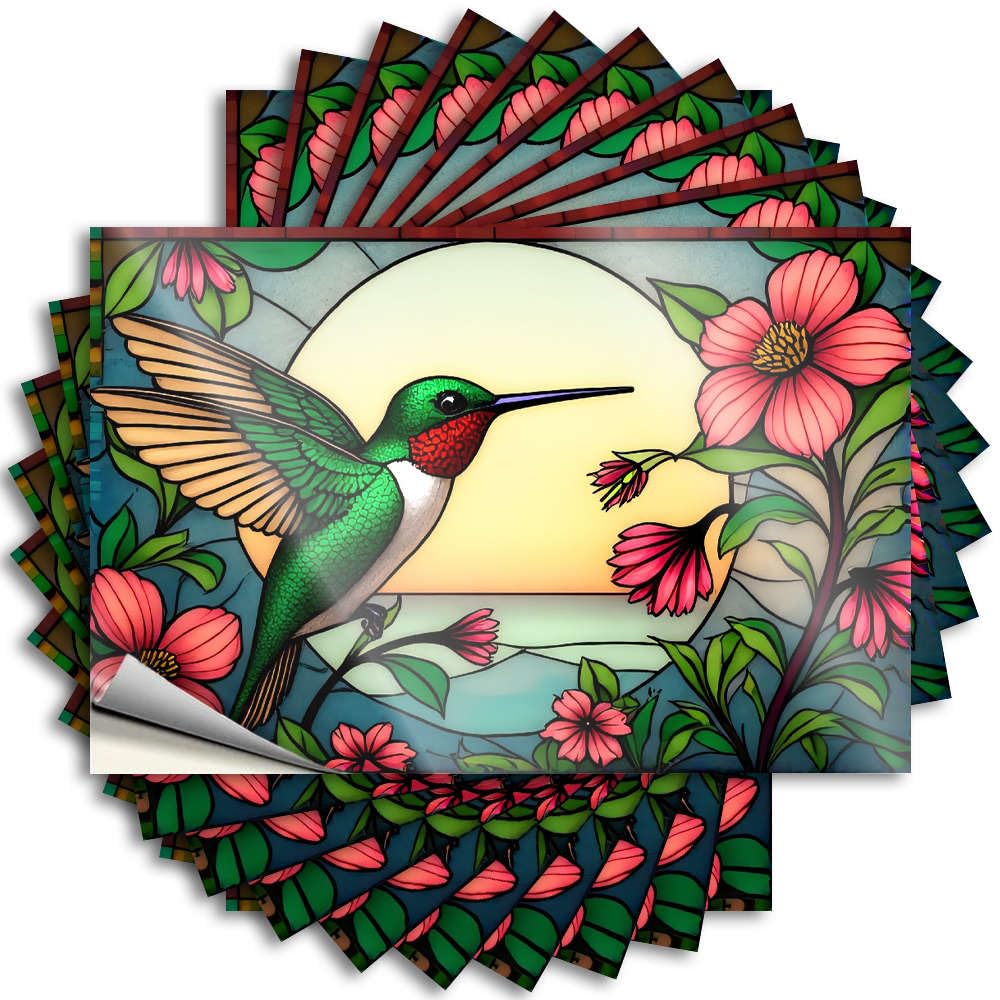 Cheap Tattoos Aesthetic Decals, Bathroom Sets Cute Pattern Design for Teens Notebook | Laptop Removable Vinyl A Stained Glass Hummingbird Surrounded By Vibrant Flowers(8X12CM)