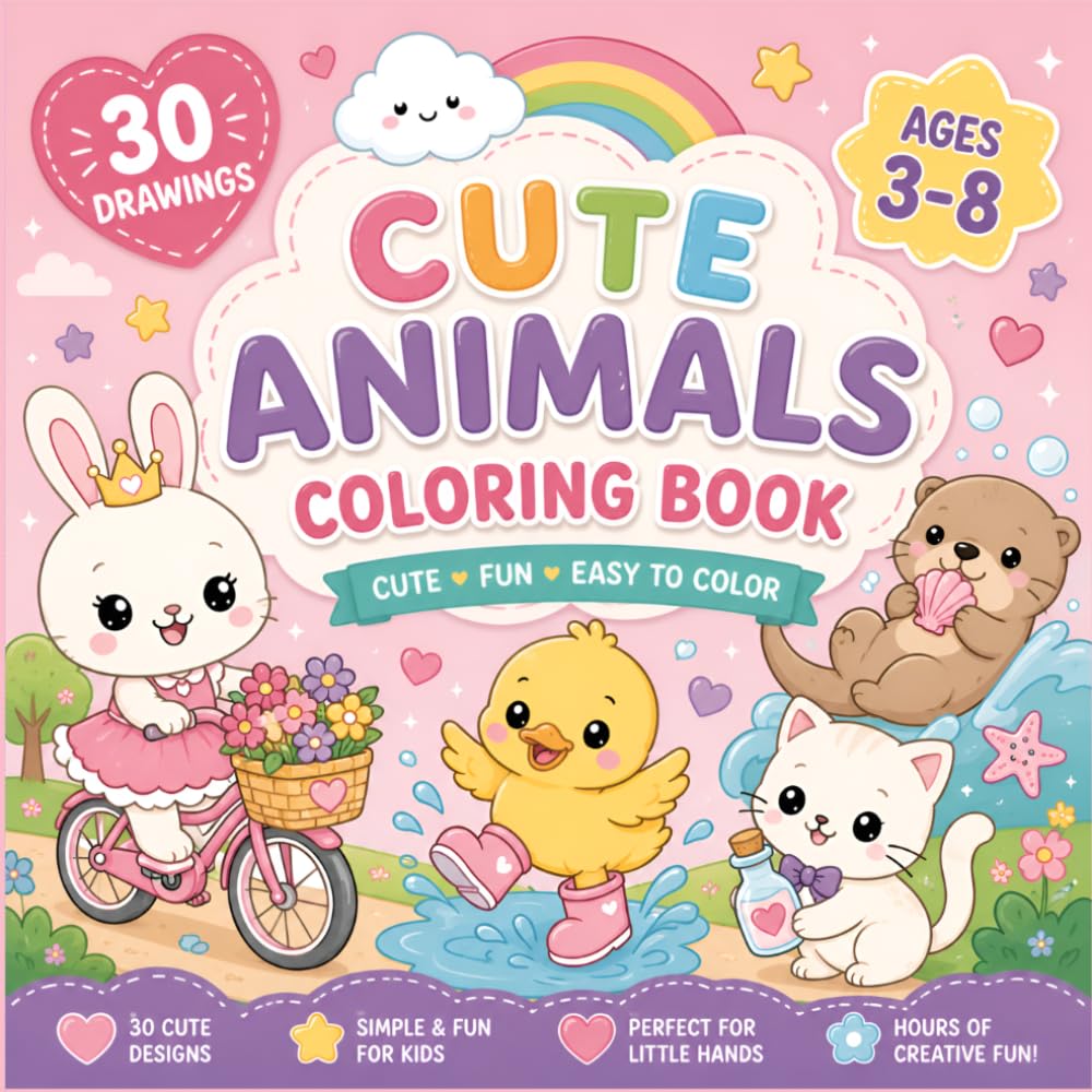 Cute Animals Coloring Book: 30 Fun & Easy Coloring Pages for Kids