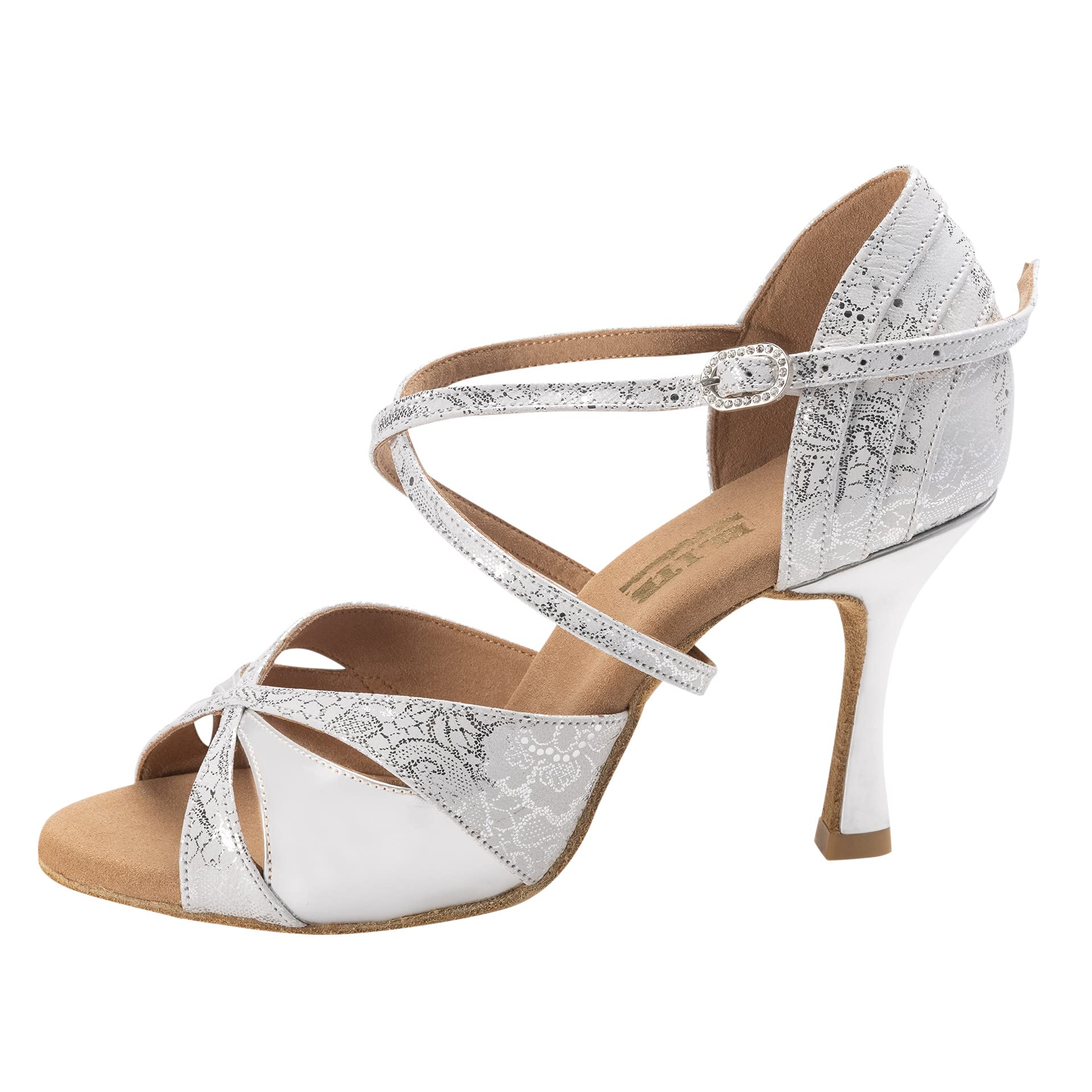Rummos Mujeres Zapatos de Baile Elite Paloma 084/009 - Cuero Blanco Plateado - 7 cm Flare - Normal - Made in Portugal