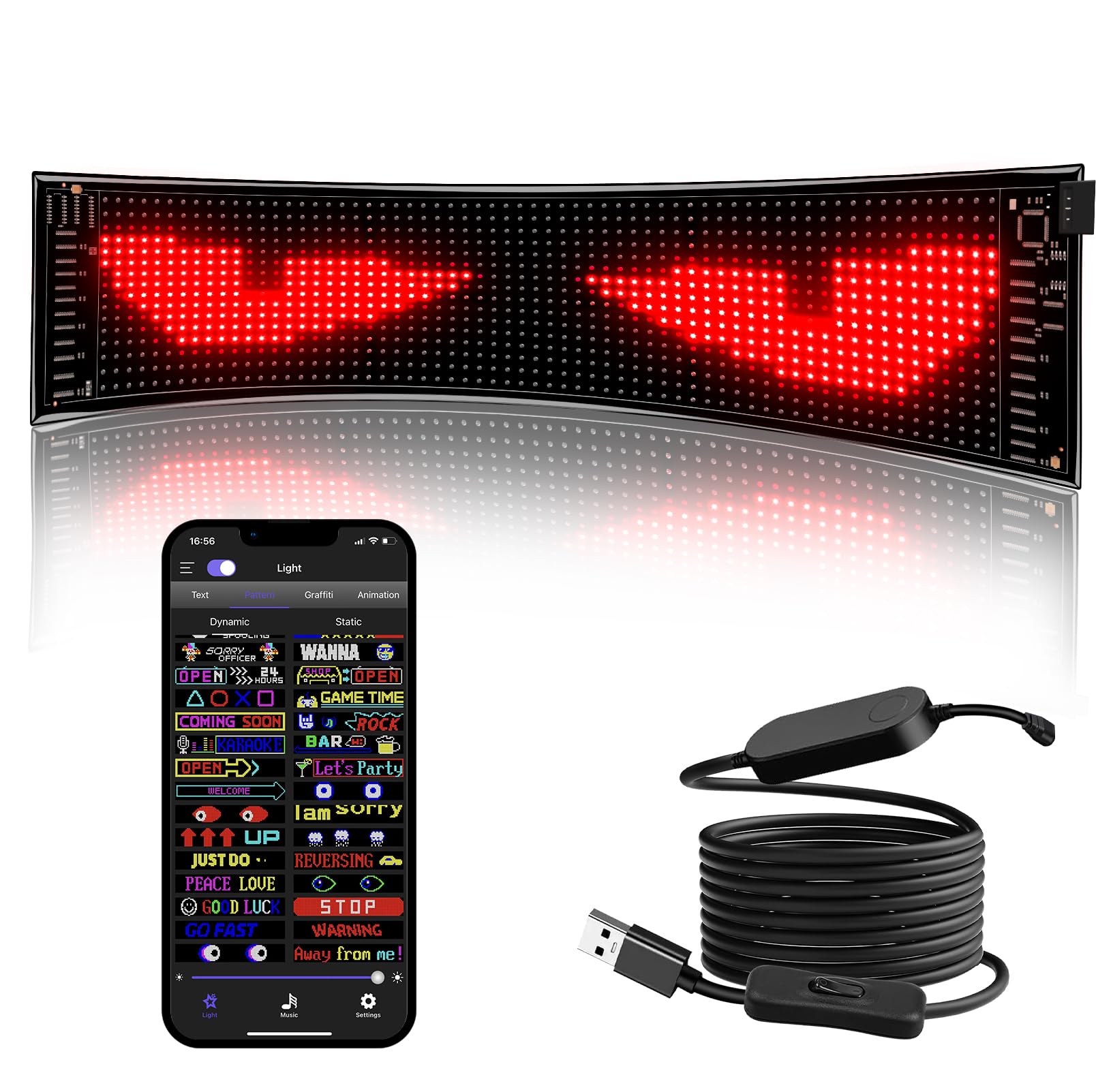 Insegna Luminoso LED Flessibile Programmabile | 59 X 12 cm | LED Display Personalizzabile USB 5V per Auto Camion | Controllo via App Bluetooth | per Negozio e Pubblicità