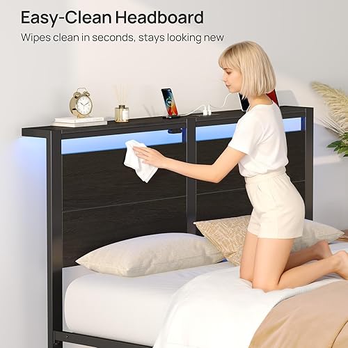Miniatura 4 de Rolanstar Full Bed Frame with Headboard, Bed Frame Full with LED Lights, Camas Full Size Bed with Charging Station, Solid Metal Slats, Noise Free,
