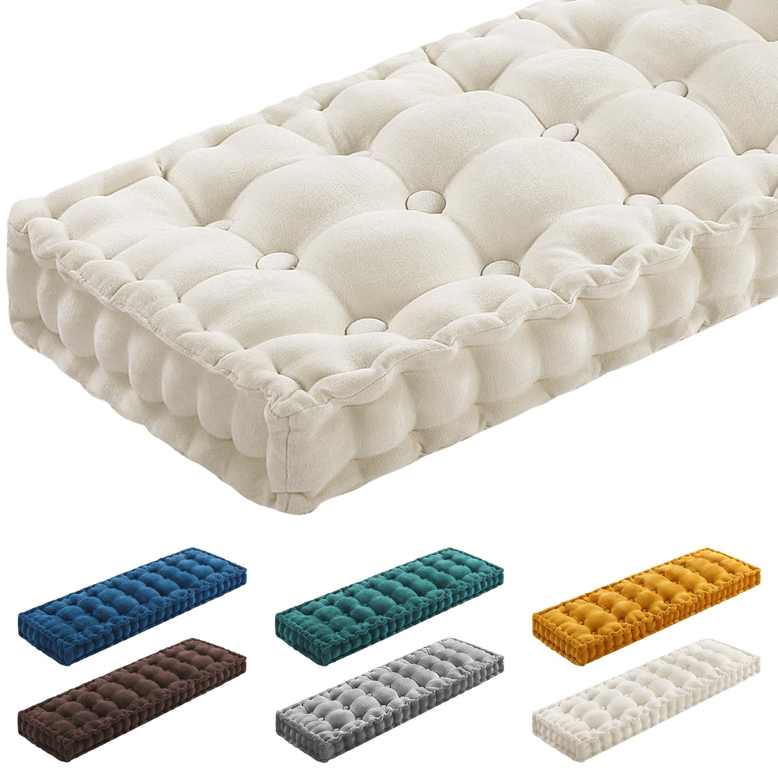 Geelin 48x18 Inch Bench Cushions for Indoor Furniture Chenille Velvet Beige Button Tufted Thicken Seat Pad Mat with Memory Foam, Window Floor Sofa Chair Cushion for Living Room Patio Porch Swing-image-12