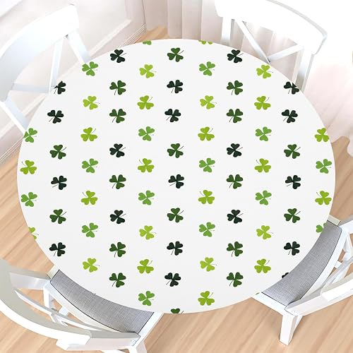 St. Patrick's Day Round Fitted Tablecloth with Elastic Edge,Water-Resistant Wipeable Green White Shamrock Clover Luck Table Cover for 36-40" Stretch Table Cloth for Dinner Indoor Outdoor Party