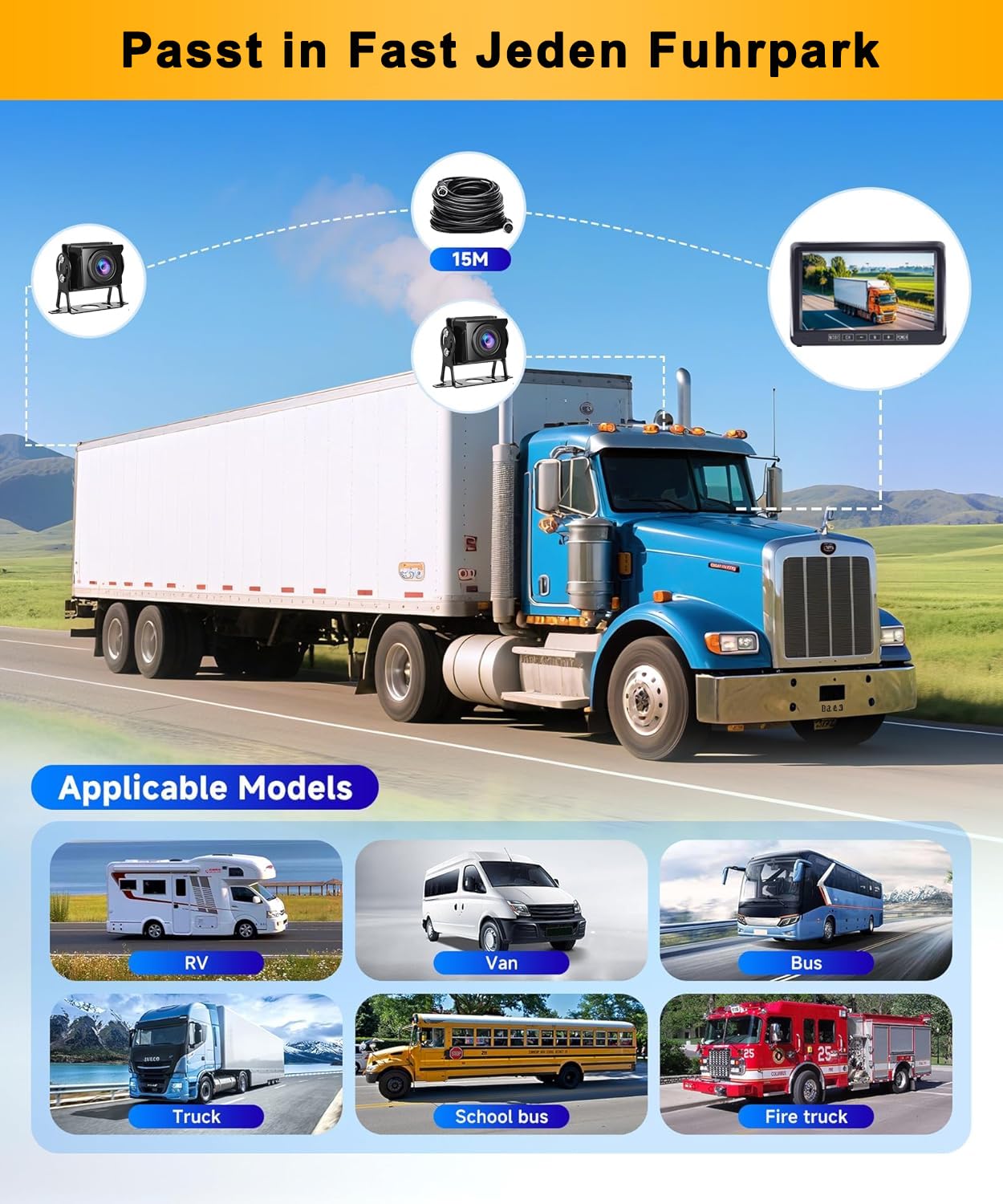 Rückfahrkamera-Set mit 7"-LCD-1080P Monitor & 170° Weitwinkel- Rückfahrkamera, IP69 wasserdicht, Nachtsicht, Stabilem Signal Backup-Kamera mit 15m Kabel,für LKW/Anhänger/Bus/Van/Landwirtschaft/Wohnmob