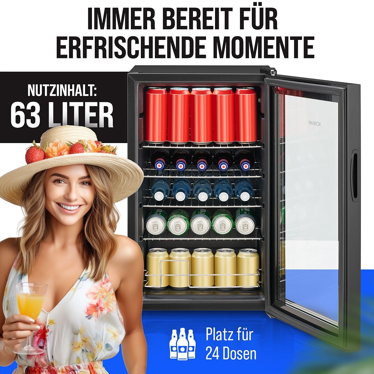 Bomann KSG 7287 Getränkekühlschrank 63 Liter stufenlos regelbar 3-10°C Glastür LED-Beleuchtung leise energieeffizient