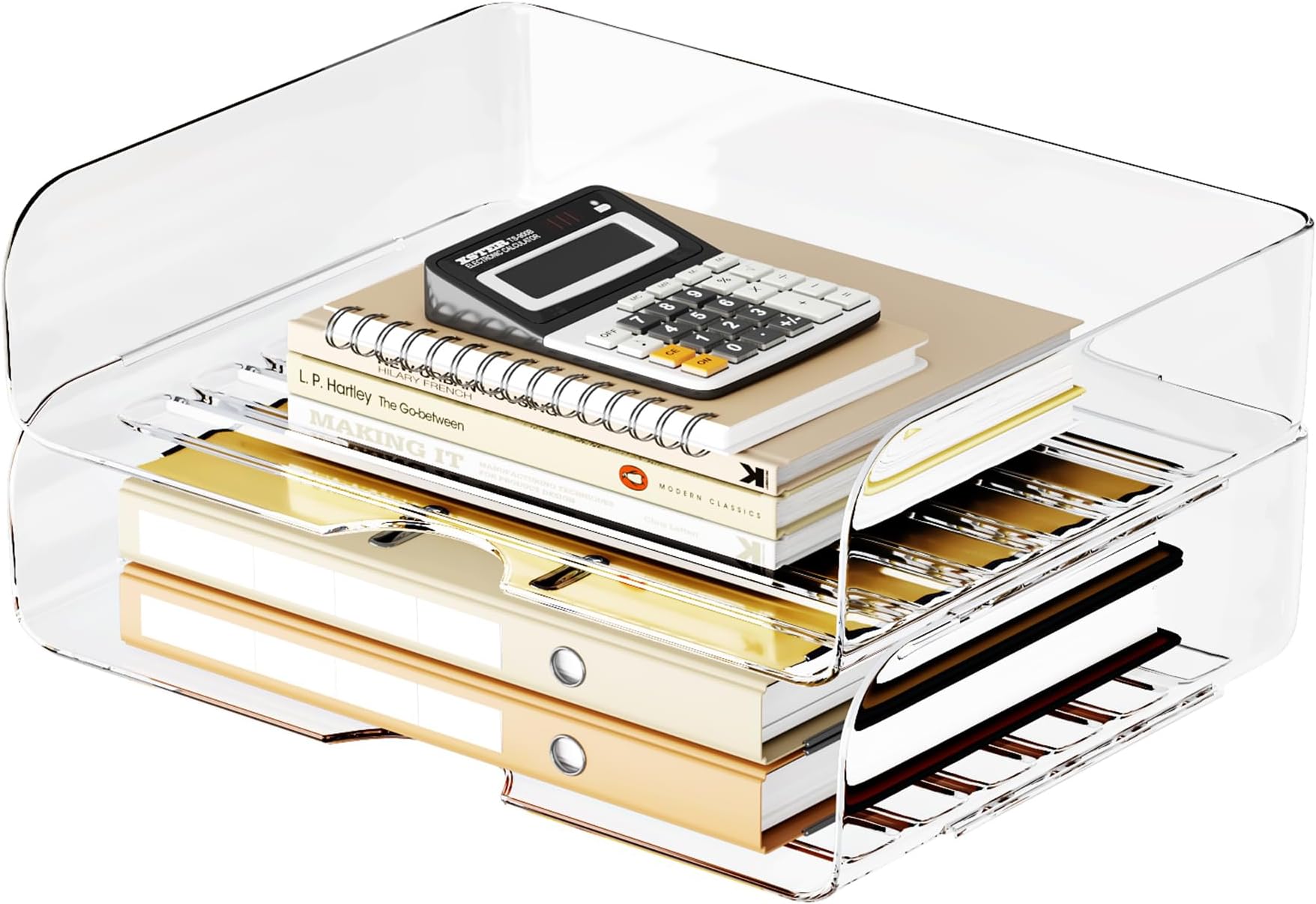 Tomorotec 2-Pack Desk Letter Tray Set, A4 Size Clear PET Stackable Document Organizer Office Desktop File Paper Holder Book Storage Rack Side Load Anti-Skid Stacking Support Convex Bottom Grooved Snap