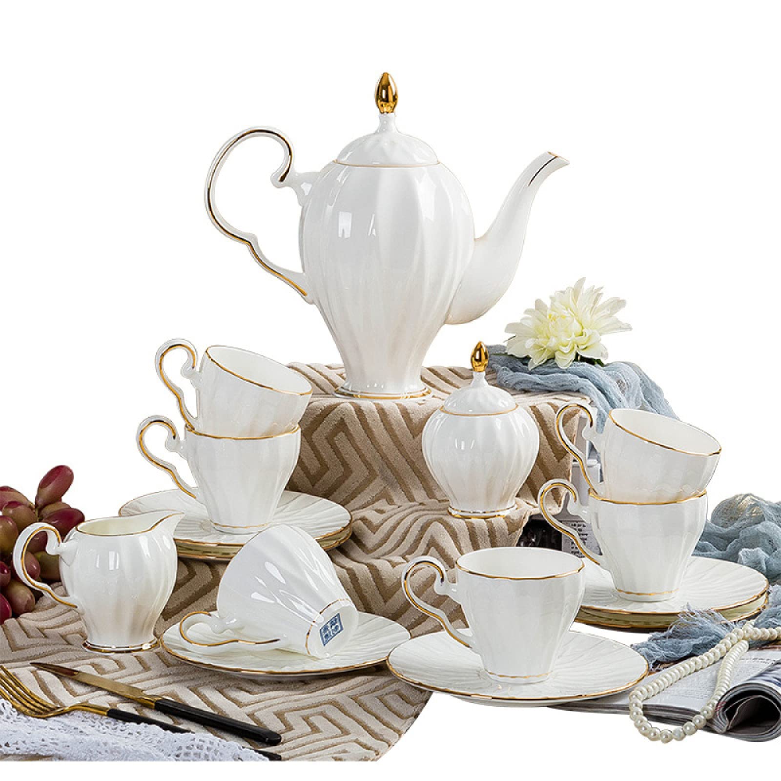 zestaw do herbaty Zestaw do herbaty dla dorosłych Porcelana Kawa Herbata Zestawy upominkowe Filiżanki i dla 6 osób z ceramicznym czajnikiem i cukiernicą