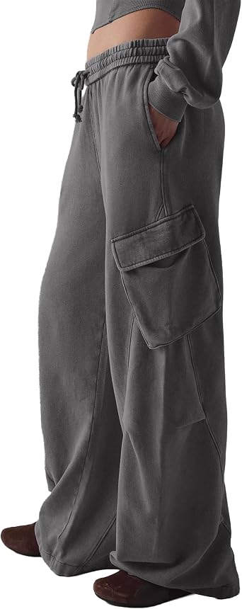 Womens Baggy Cargo Sweatpants High Waisted Wide Leg Joggers Lounge Streetwear Pants with PocketsGrey-L