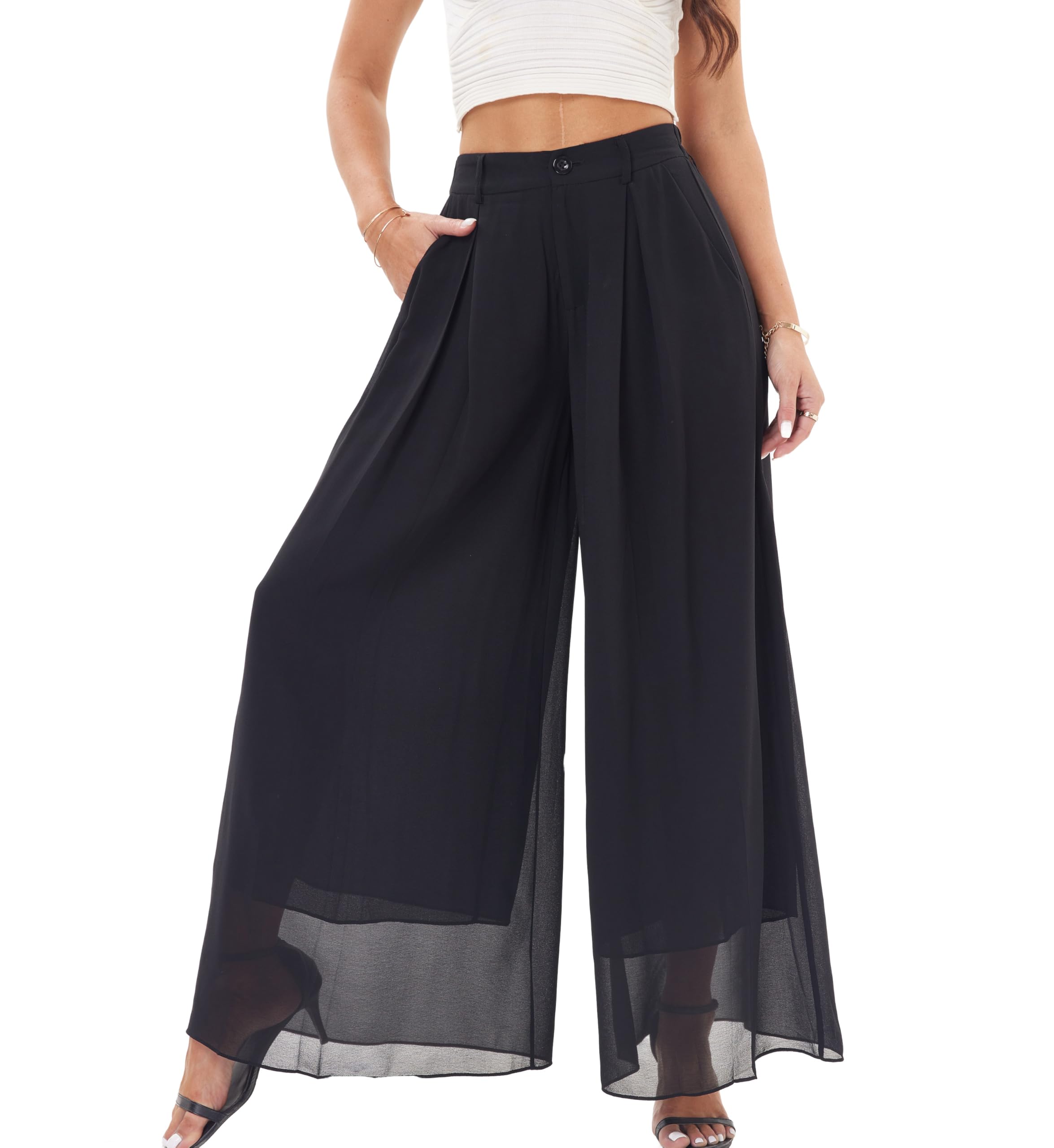 Fakanhui Pantaloni a palazzo da donna, eleganti, in chiffon, a gamba larga, eleganti, fluidi, da lavoro, casual