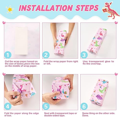 Miniatura 7 de WERNNSAI Rollos de papel de regalo de dinosaurios navideños  3 rollos de papel de regalo de dinosaurio rosa de 17 x 120 pulgadas, rollos de papel de