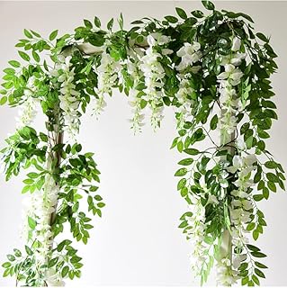 Artificial Wisteria Vine, Fake Silk Flowers Hanging Vines Plants Faux Garlands for Garden Outdoor Wall Greenery Jungle Party Wedding Arch Floral Decoration (White)