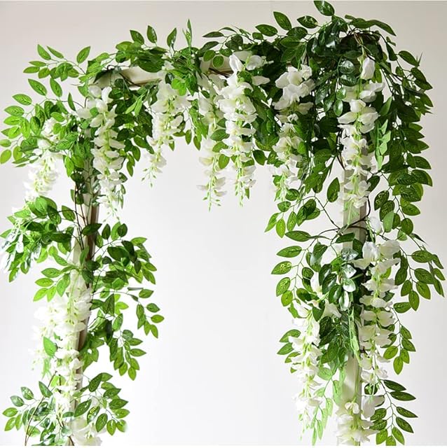 Artificial Wisteria Vine, Fake Silk Flowers Hanging Vines Plants Faux Garlands for Garden Outdoor Wall Greenery Jungle Party Wedding Arch Floral Decoration (White)