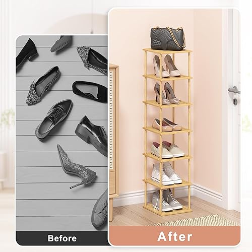 Miniatura 7 de Estante de bambú para zapatos, apilable, de madera, de varios niveles, organizador de zapatos apilable para armario, puerta delantera, entrada,