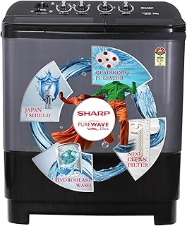 SHARP 8.0 kg, 5 Star, Semi-Automatic Top Loading Washing Machine with Quadroniq Pulsator I JAPAN QUALITY I 1300 RPM I Soft Fall Technology (Steel Grey, 8 Kg)