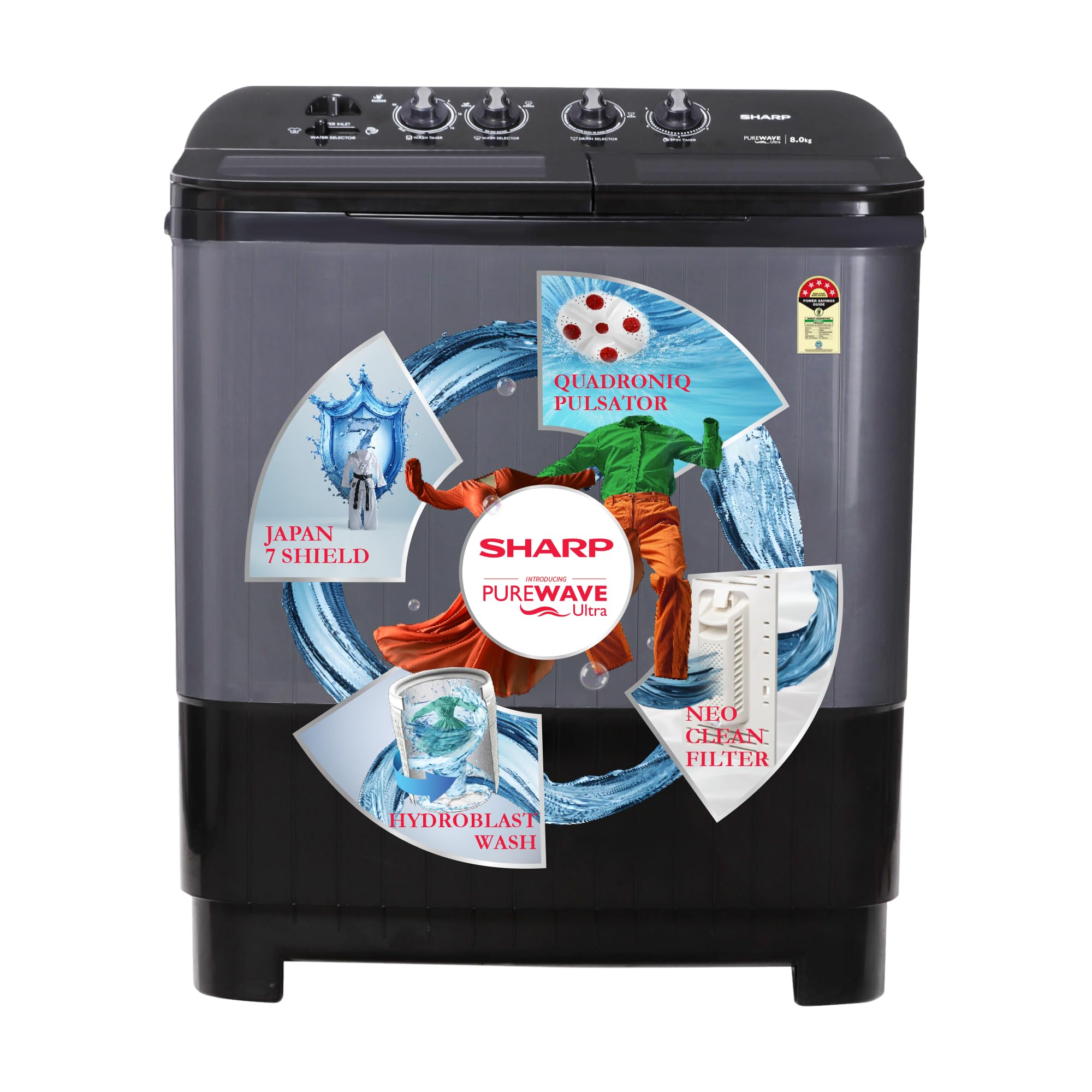 SHARP 8.0 kg, 5 Star, Semi-Automatic Top Loading Washing Machine