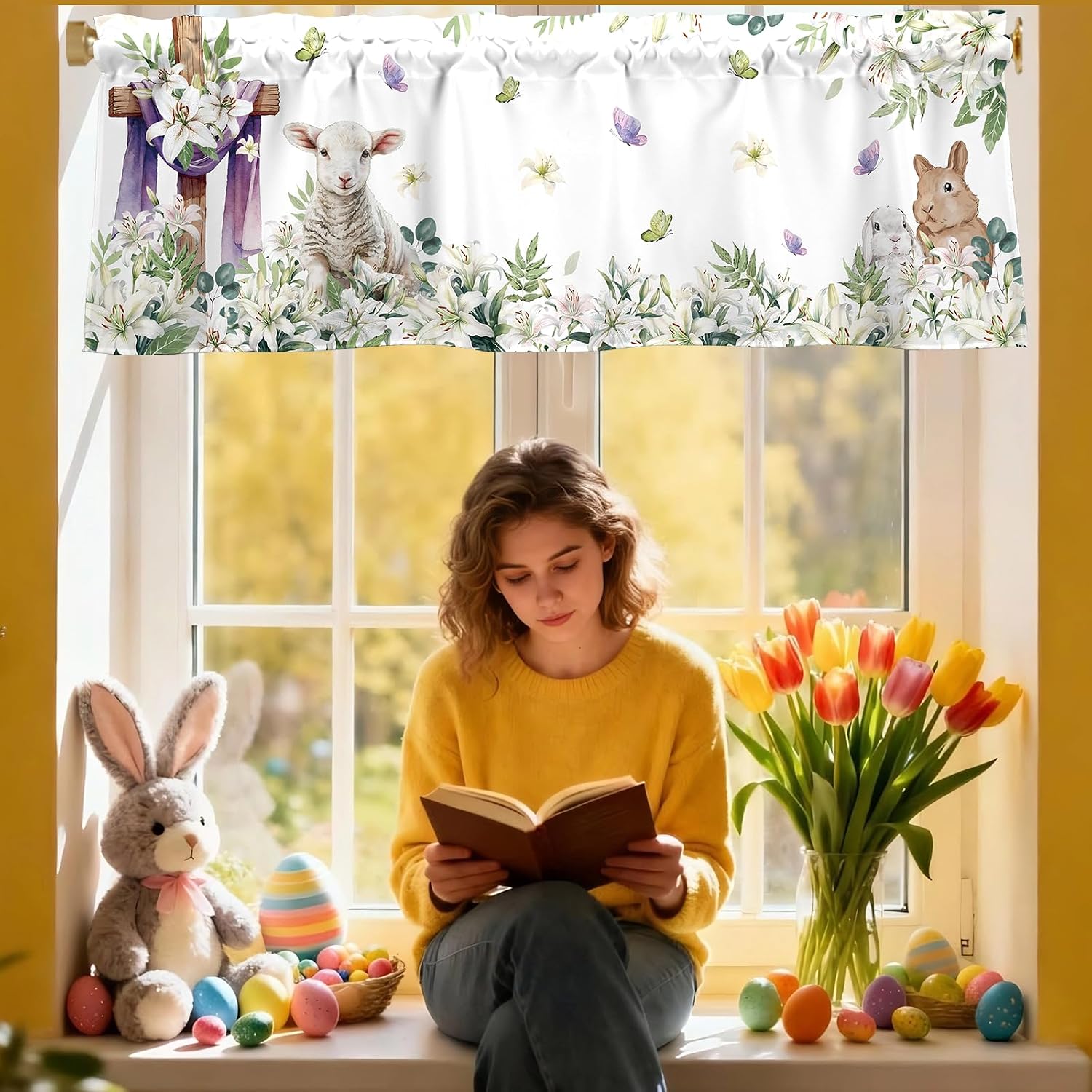 Easter Bunny Valances for Windows 54x18 Inch Rabbit Easter Lily Lamb Butterfly Spring Curtain Valance for Kitchen Bathroom Bedroom Living Room Decor