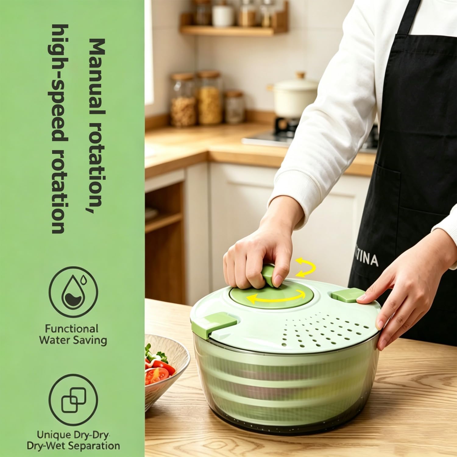 Salad Spinner, Plastic Lettuce Dryer With Drain Basket, Manual One-Hand Vegetable Spinner For Salad Making And Food Prep