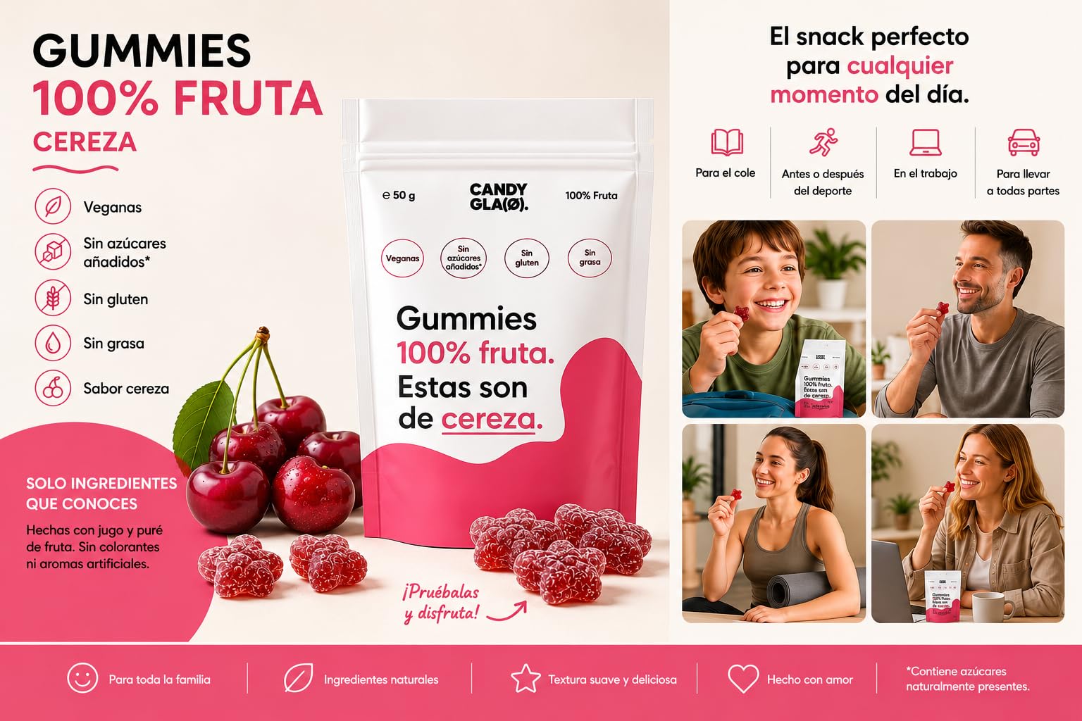 Candy Glam Pack Mixto de Gummies 14 Bolsas 7 Cereza + 7 Frutas del Bosque Veganas Sin Gluten Sin Azúcares Añadidos Snacks de Fruta Sabores Surtidos para Niños y Adultos