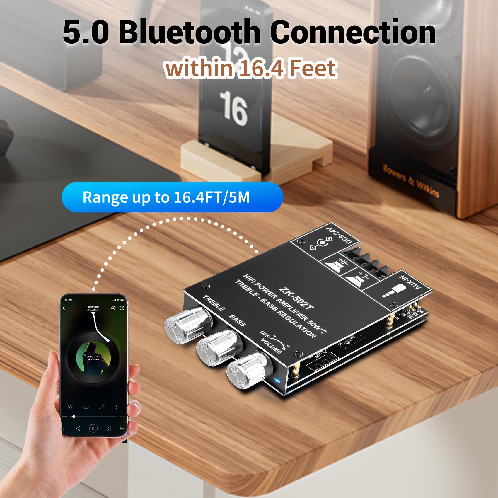 Daakro Placa amplificadora, 50 W 2.0 canales Bluetooth con control de agudos y graves, CC 12-24 V, entradas Bluetooth y AUX, placa de amplificador de audio para altavoces inalámbricos caseros, sin