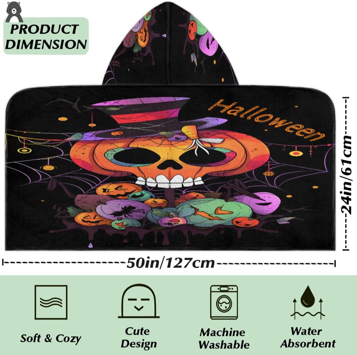 Pardick Kids Bath Towel Halloween Pumpkin Skeleton Beach Towel with Hood Pool Cover Up for Girls Boys Soft Absorbent Hooded Bath Towel Toddler Towels for Beach, Pool