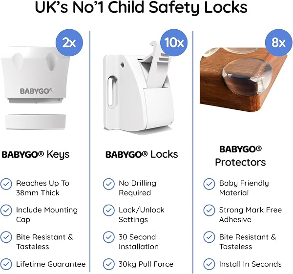 BABYGO® Magnetic Child Safety Cupboard Locks for Children 10 Locks, 2 Keys & 8 Free Corner Protectors Baby Proofing Kitchen Cabinets & Drawers Easy 30 Second (White, Child Safety Locks) - 3