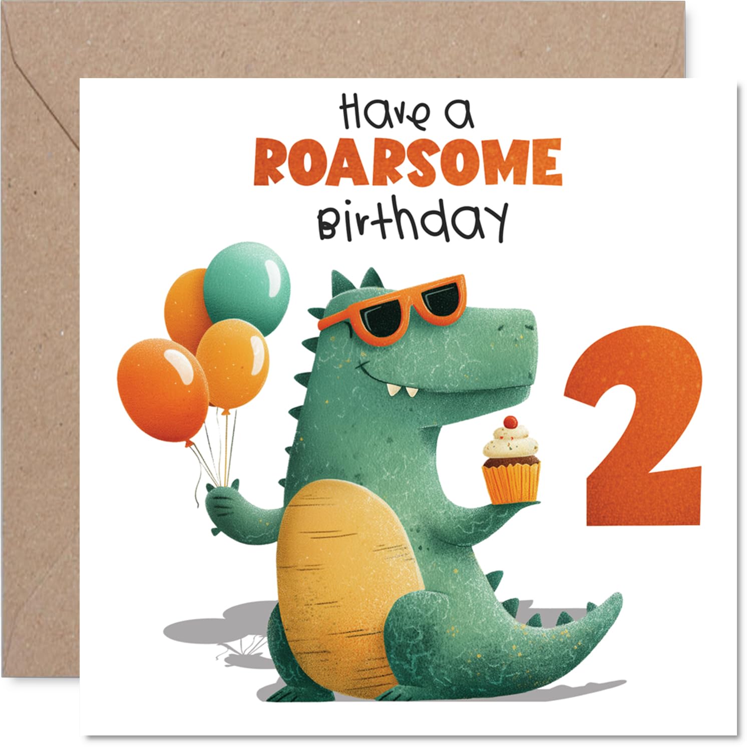 Playful 2nd Birthday Card - Roarsome Fun for a Big Day - Green Dinosaur with Balloons and Cupcake - Cheerful Design That Brings Smiles - 145mm Square, Envelope Included