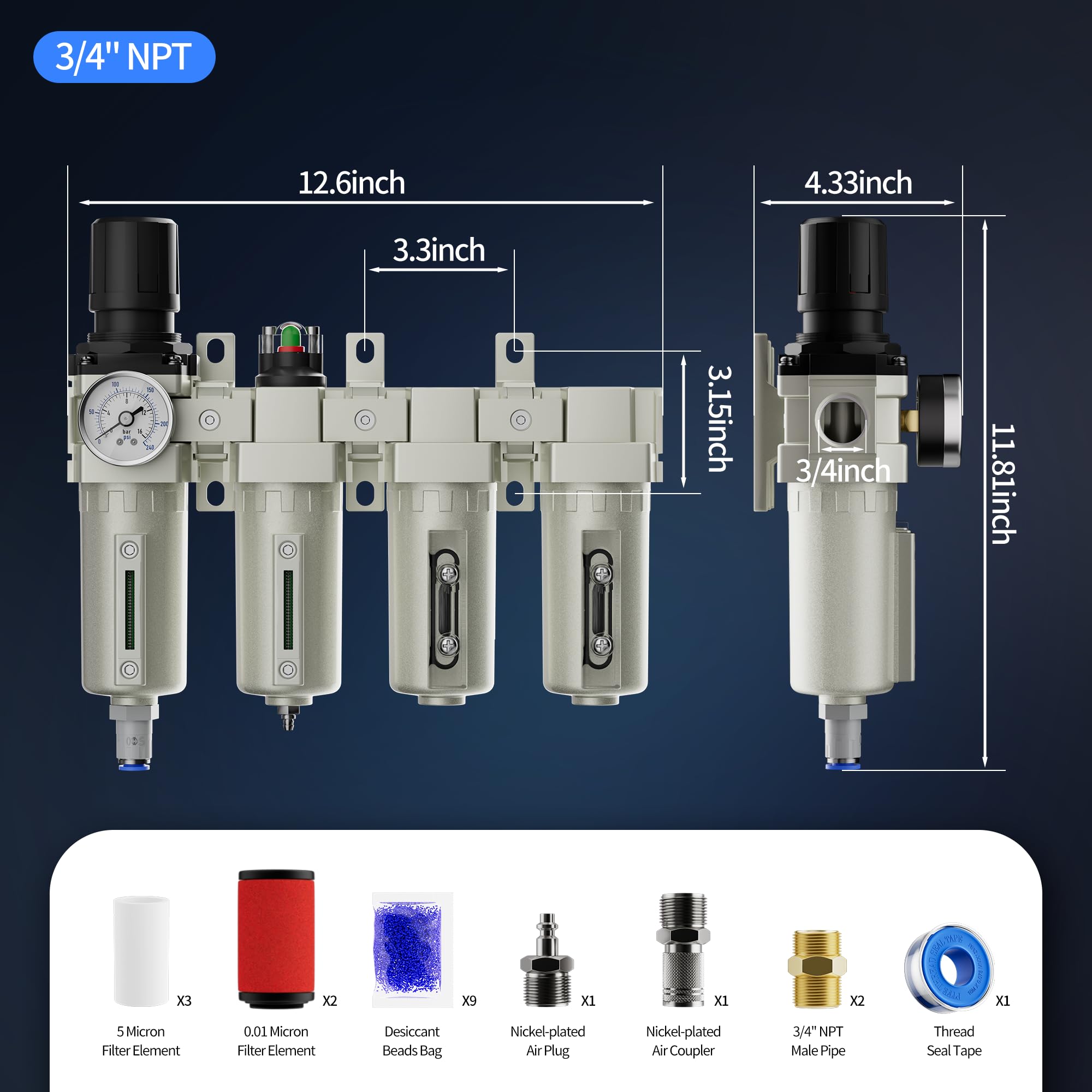 essiccatore d'aria NPT a 4 fasi da 1,9 cm per compressore, sistema di separazione dell'acqua del compressore d'aria industriale con doppia separazione dell'umidità, filtro coalescente, essiccatori