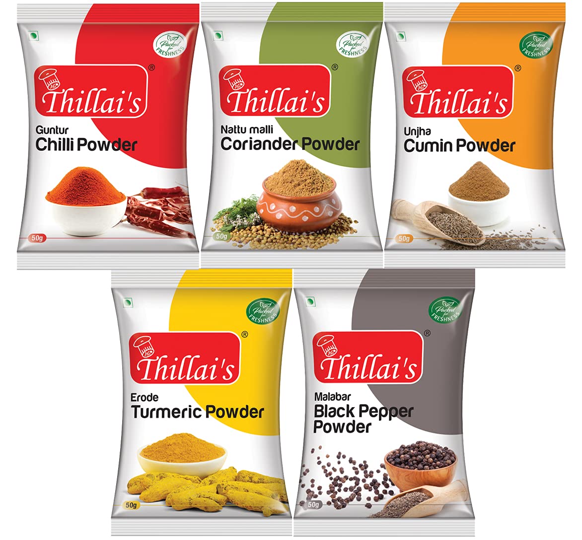 Thillais Pure Spice Combo- Pack of 5 | Daily Essential Spices in Your Kitchen | Turmeric Powder | Chilli Powder | Coriander Powder | Cumin Powder | Black Pepper Powder | (B093BXCX4R) Amazon Price History, Amazon Price Tracker