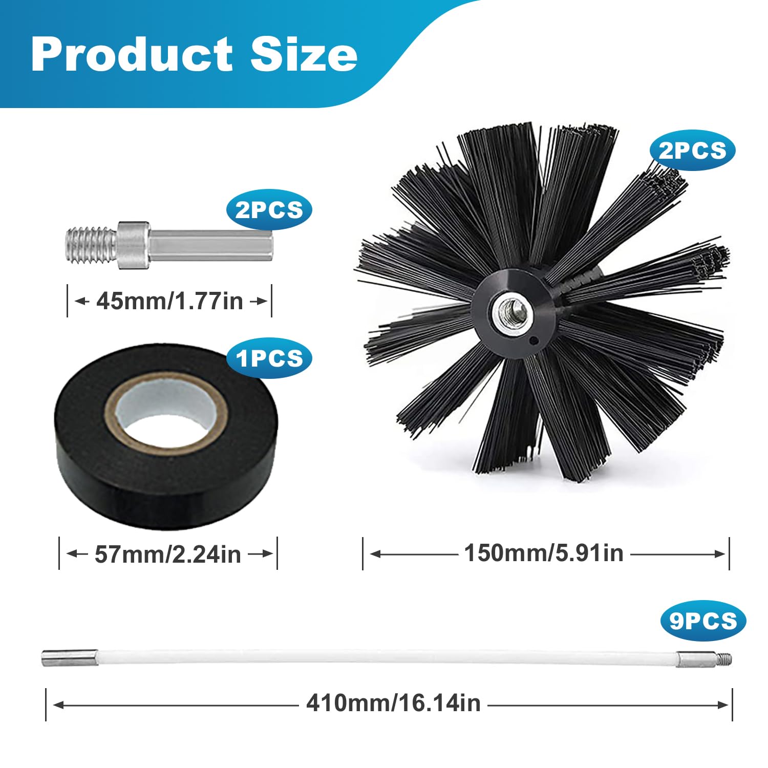 14-częściowy zestaw do zamiatania komina, elastyczny zestaw do zamiatania komina, z 2 szczotkami do rur piecowych, 150 mm, 9 elastycznych prętów 410 mm, zestaw do czyszczenia komina do kominka, rur