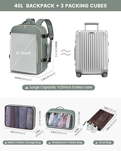 Miniatura 3 de LOVEVOOK Mochila de mano aprobada por vuelo, mochila de viaje para laptop de 35 litros para mujer, mochila grande con 3 cubos de embalaje.., Verde