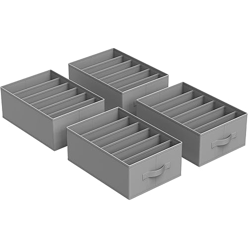 SONGMICS Set of 4 Large Size Wardrobe Clothes Organizers, 6-Compartment Foldable Clothes Organizers with Handles, 16.5 x 11.8 x 6.7 Inches, for Pants, Sweater, Jeans, Dove Gray URUS009G04