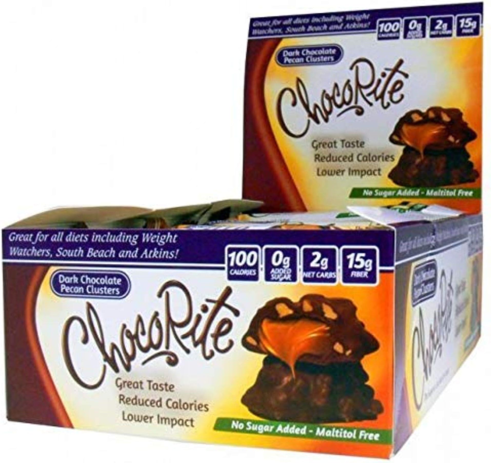 ChocoRite - Diet Dark Chocolate Pecan Clusters - 16/Box - High Fiber - Low Calorie - No Sugar Added