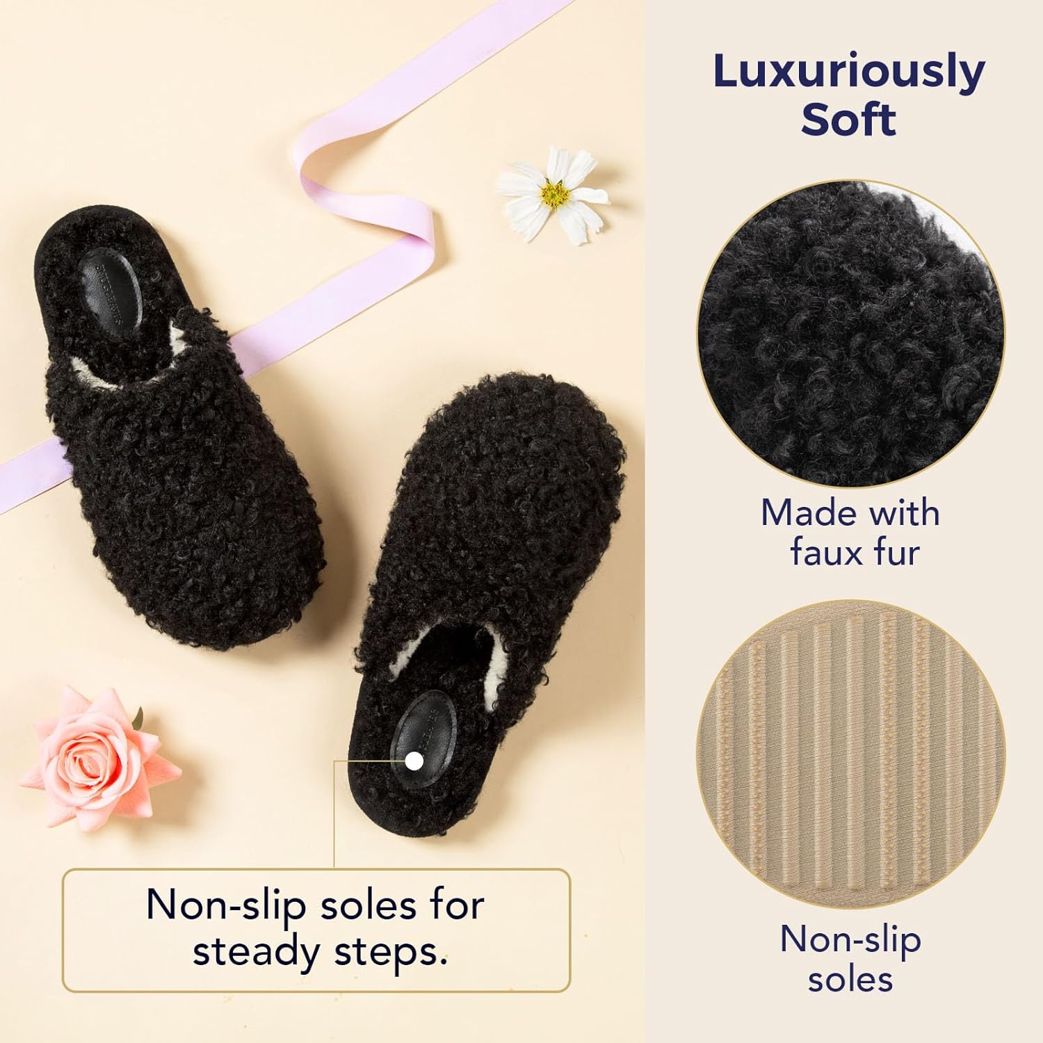 Snug Leaves Women's Scuff Slippers Furry Cute Curly Faux Wool Slip-on Indoor Memory Foam House Shoes - Image 3