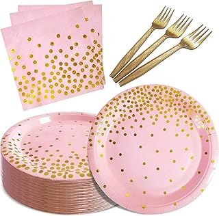 Pink and Gold Party Supplies,Serves 35 Guests 7" Pink Paper Plates and Napkins,Disposable Party Paper Plates for Birthday Baby Shower Wedding Party Decorations