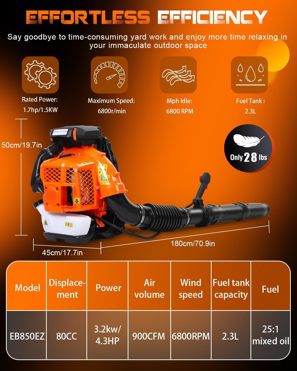 Backpack Blower, 80CC Gas Powered Leaf Blower with 900 CFM & 206 MPH for Commercial Lawn Care, Yard Debris & Snow Removal (Red)