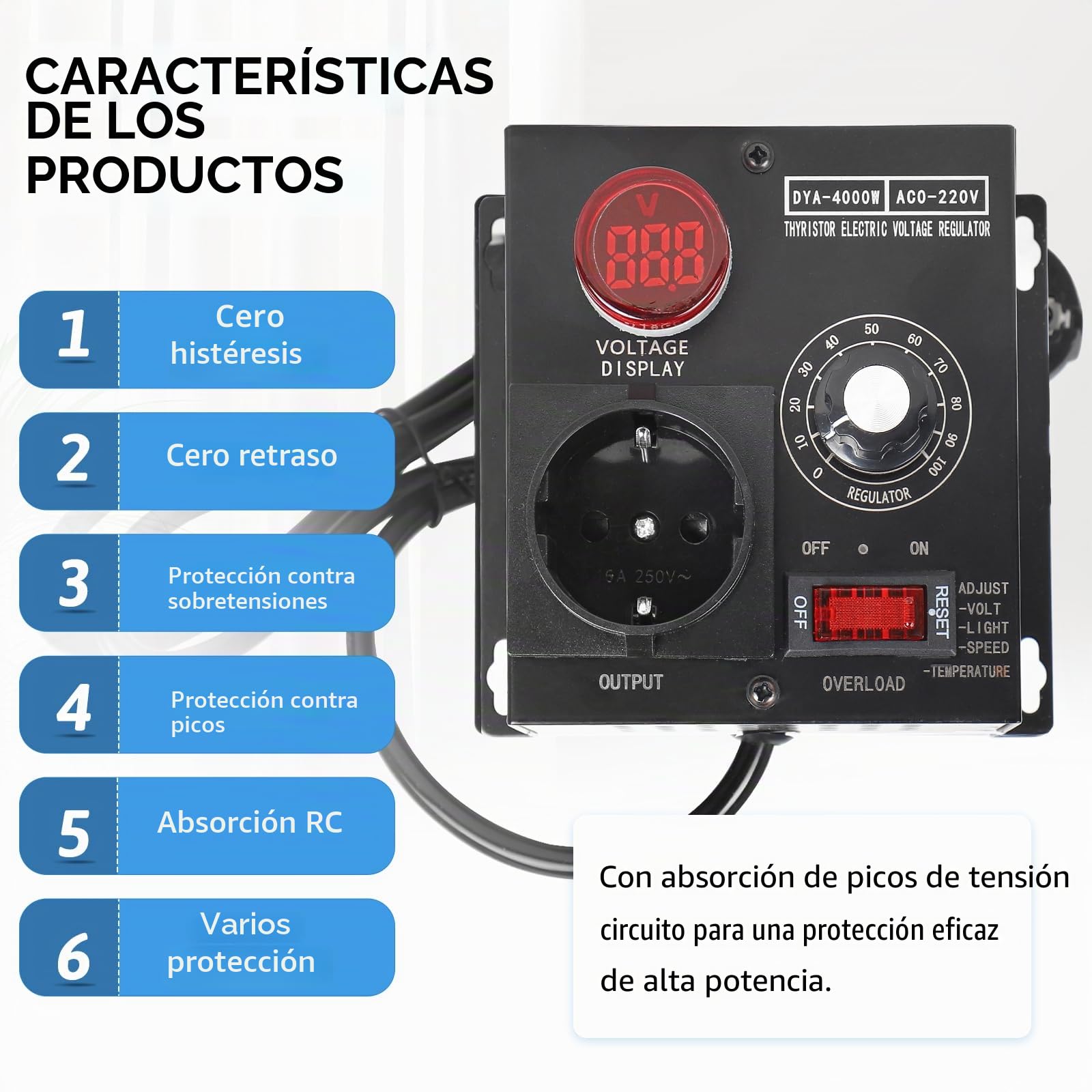 SWAWIS Regulador de Voltaje Regulador de Velocidad 220V AC 9A 4000W Regulador de Tensión para Control de Luz, Control de Temperatura, Control de Velocidad