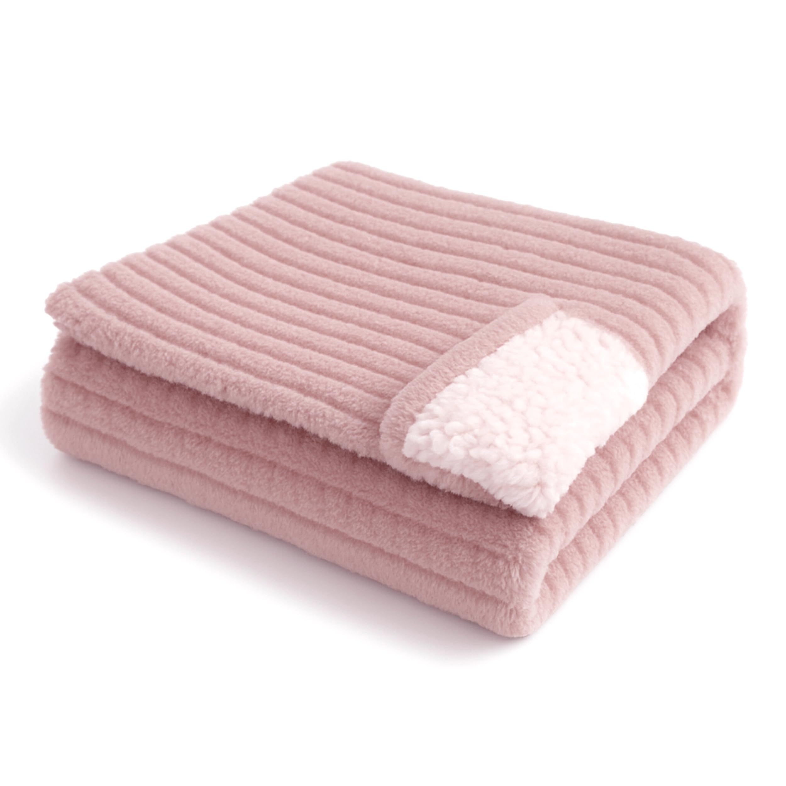 Manta Borreguito Reversible 160 x 220 cm – Sherpa de Franela Suave y Cálida con Diseño a Rayas, Manta Gruesa y Transpirable para Invierno (Rosa Palo)